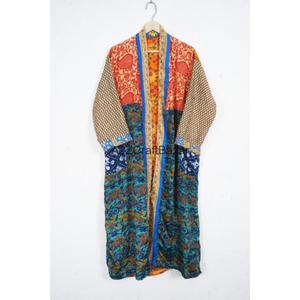 Kimono en soie de luxe pour femmes, ceinture en soie recyclée, patchwork de sari, design col en V, cordon de serrage, élégant, vintage, décontracté, printemps été - Product Image 3