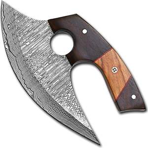 Couteau à pizza Ulu en acier Damas Nordic Forge, manche en bois de rose, étui en cuir, fait main, OEM, professionnel, ambidextre - Product Image 3