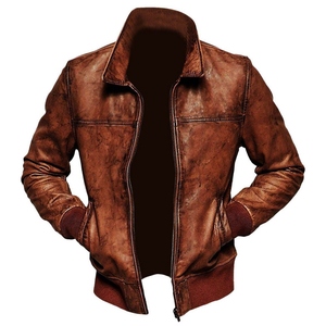 Men's Brown Genuine Leather Moto <b>Jacket</b> Turn-down Collar Zipper Closure Regular Fit Autumn Wear - Product Image 1