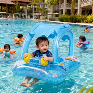 Siège de bain gonflable pour bébés et enfants avec auvent – Bouée de piscine à motif de dessin animé avec protection solaire et conception anti-retournement pour les tout-petits - Product Image 6