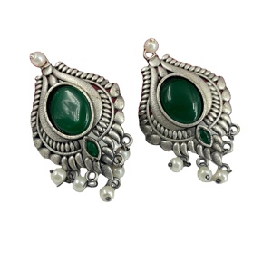 ARTS JEWELS Oxidized Ethnic Brass Antique Silver <b>Stud</b> Earrings with Green Jade Stone From Rajasthan for Women's Anniversary - Product Image 5