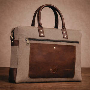 Sacoche pour ordinateur portable classique en toile grise bicolore, sac de bureau professionnel durable avec poignées en cuir et bandoulière - Product Image 1