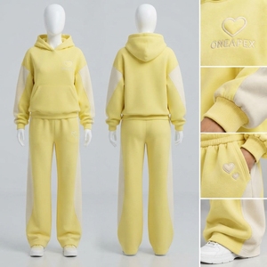 Conjunto Deportivo Informal para Mujer, Sudadera con Capucha Oversize Amarilla y Blanca, Pantalones Jogger de Pierna Ancha, Conjunto de Dos Piezas - Product Image 1
