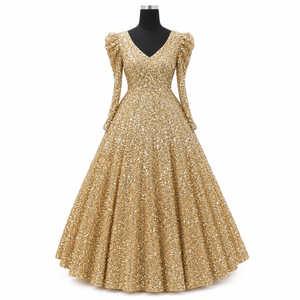 Womens Gold <b>Sequin</b> Ball Gown V Neck Long Sleeve Puff Shoulder Sparkly Formal Evening Wedding Prom Party Princess Floor Length - Product Image 1