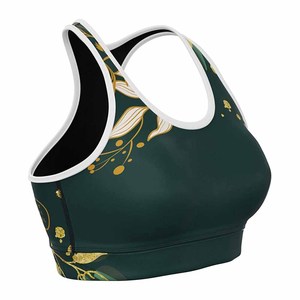 Sujetador Deportivo Personalizado con Estampado Floral Verde Oscuro, Sublimación con Lámina Dorada, Estilo Racerback, Ropa Deportiva para Gimnasio, con Logotipo Personalizado - Product Image 5