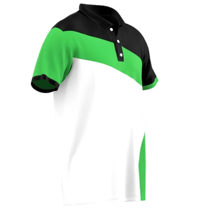 Polo pour homme à blocs de couleur, manches courtes, tissé, décontracté, col classique, design vert, noir et blanc - Product Image 3
