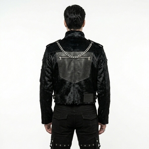 Chaqueta de Cuero Genuino Negra para Hombre al por Mayor Personalizada con Pelo, Estilo Motero, Bolsillos con Cadena de Metal Pesado, Proveedor de Prendas de Abrigo - Product Image 2