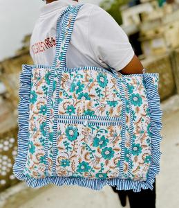 Women's Spring Summer Fashion <b>Large</b> Cotton Quilted Tote <b>Bag</b> with Zipper Closure Block Printed Frills for Tour Travel Solid Color - Product Image 2