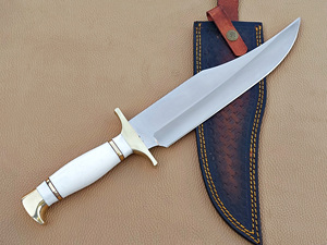 Couteau Bowie à lame fixe en acier inoxydable sur mesure, couteau de chasse d'extérieur, fourreau en cuir, manche blanc, pommeau doré - Product Image 5