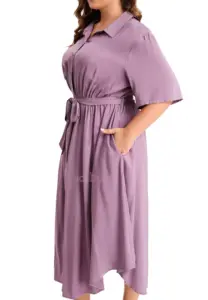NEW Customized Women's Plus Size Solid Button Pocket Shirt Collar Belted Maxi Dress OEM Manufacturer