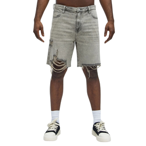 Shorts en jean délavé gris clair pour homme, déchirés et délavés, ourlet brut, décontracté, cinq poches, coupe droite, streetwear d'été, 100% coton, taille moyenne - Product Image 1
