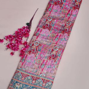 ผ้าแจ็คการ์ดเนื้อนุ่มสีชมพูอ่อน ยี่ห้อ AMBICA PRINT ผ้าฝ้ายโบรเคดลายมูฮัล ช้าง นกยูง ขนาด 54/55 นิ้ว - Product Image 1
