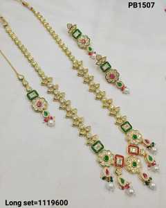 Flower Stylish Indian Fancy Traditional Kundan Gold Plated Imitation Pearl Alloy Beads Long <b>Necklace</b> Earring Set Mangtikka Women - Product Image 5