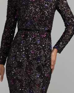 Vestido de fiesta de manga larga, cuello alto, largo hasta el suelo, corte sirena, de gasa, con lentejuelas, color liso, con cola capilla y antiarrugas - Product Image 6