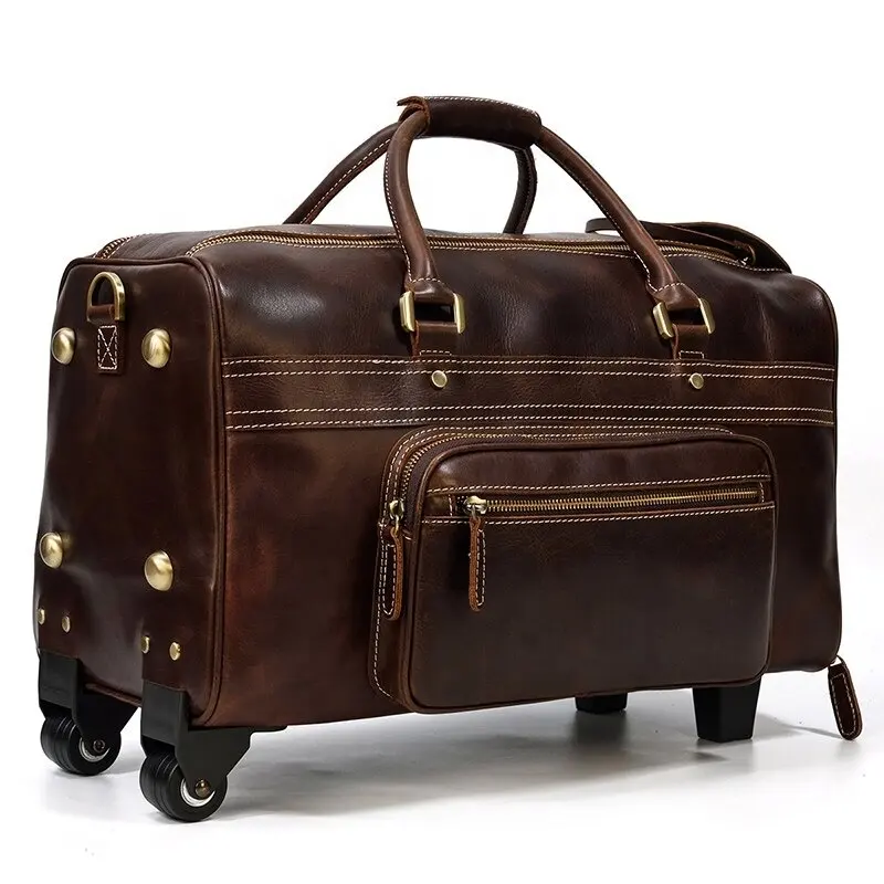 Genuine Leather Hand Luggage Travel With Wheels Men Women Travel Rolling Duffle Bags With Rollers Handbags MBF-0085