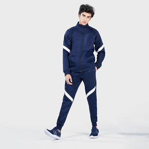 Ensemble de survêtement sportif décontracté pour homme, bleu marine, avec fermeture éclair intégrale et bandes blanches, respirant, en polyester, pour l'automne - Product Image 2