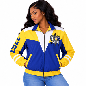 Chaqueta Cortavientos Azul Rey, Amarillo y Blanco con Cremallera Completa, Diseño de Poodle Bordado, Bloques de Color, Ligera, Informal - Product Image 1
