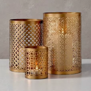 Golden Geometric Metal <b>Lantern</b> Set With Die Cut Pattern For Home Decoration Heat Resistant <b>Brass</b> Candle Holders - Product Image 6