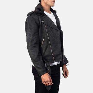 <b>Men's</b> <b>Black</b> Genuine Leather Moto <b>Jacket</b> With Zipper Closure Turn-down Collar Slim Fit Regular Length Autumn Style - Product Image 4