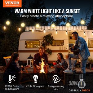 ไฟ LED กลางแจ้งแบบสายยาว 100 ฟุต ปรับความสว่างได้ พร้อมหลอดไฟกันแตก G40 50 หลอด ขั้วหลอด E12 2700K กันน้ำ - Product Image 2