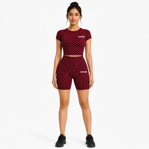 Custom Logo Women 2 Piece Yoga Set Brown Polka Dot <b>Short</b> Sleeve Crop Top <b>Shorts</b> High Waist Elastic <b>Ruched</b> Design Activewear Suit - Product Image 5