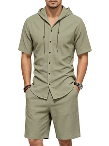 Men Solid Color Hooded Button-Up Shirt Set Elastic Waist Shorts Casual Summer Breathable Polyester/Cotton 200g Knitted Fabric - Product Image 4