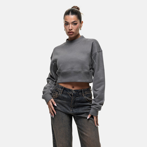 Sudadera Corta para Mujer, Estilo Francés, Cuello Redondo, Hombros Caídos, Oversize, Nueva Colección, Estampado y Bordado - Product Image 3