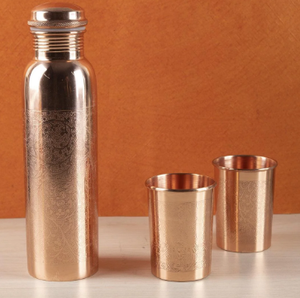 Bouteille en cuivre pur indien, base texturée côtelée, gourde d'hydratation sans soudure, étanche, réutilisable, bouteille d'eau en métal - Product Image 4
