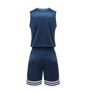 Conjunto de Uniforme de Baloncesto Sublimado Personalizado, Camiseta sin Mangas para Hombre con Pantalones Cortos, Azul Marino a Rayas, Absorbe la Humedad, Deportivo - Product Image 3