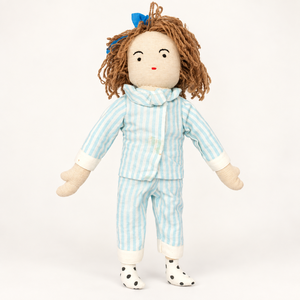 Muñeca Ragdoll de Algodón para Niña, Pijama Azul a Rayas, Cabello Rizado, Juguete Hecho a Mano, Regalo para Niños y Decoración del Hogar, 17 Pulgadas, 3+ Años - Product Image 1