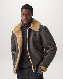 Chaqueta de hombre de cuero genuino marrón con cuello de piel y cremallera. - Product Image 4