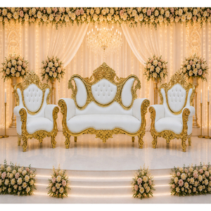 Muebles de Boda Ceremoniales Maharaja en Cuero Sintético Blanco y Acabado Dorado - Product Image 1