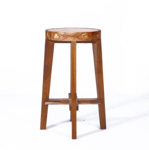 Tabouret de bar en bois massif de style moderne du milieu du siècle, siège rond en rotin tressé, tabouret de comptoir pour îlot de cuisine et café - Product Image 6