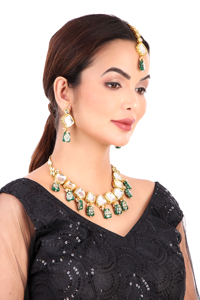 Indian Classic Choker Set Traditional Zircon Gold Plated Crystal Kundan Faux Pearl Engagement Wedding Party Necklace Earrings - Product Image 6