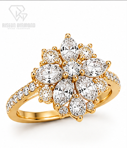 Luxury floral ring in 18K yellow gold with marquise and round lab grown diamonds elegant flower <b>cluster</b> timeless couture desi - Product Image 2