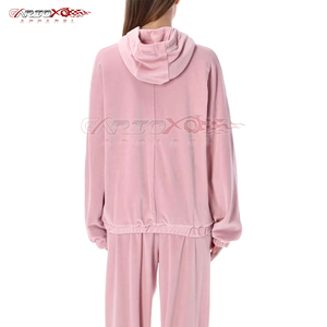 Women <b>Pink</b> Velour <b>Tracksuit</b> Two Piece <b>Set</b> Hooded Zipper Full Sleeve Loose Fit Casual Wear Solid Color Autumn Style - Product Image 3