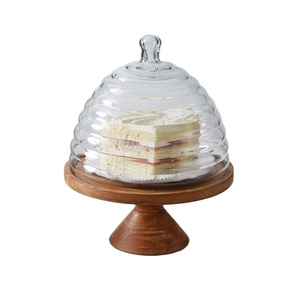 Wooden <b>cake</b> <b>stand</b> with ribbed clear glass <b>dome</b> classic dessert display for bakery kitchen counter table flueted design <b>dome</b> new - Product Image 1