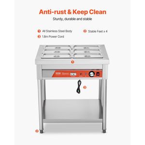 Scaldavivande Elettrico Commerciale a 6 Vasche 1500W, Tavolo Riscaldante Professionale per Buffet e Catering, Attrezzatura Sottopensile per Mantenimento Calore 6 X Vasche - Product Image 5