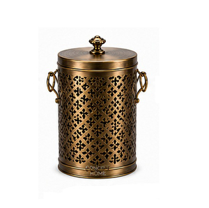 Cubo de Almacenamiento Cilíndrico de Metal con Acabado Antiguo y Tapa, Patrón Geométrico, Contenedor Doméstico para Interiores, Estilo Clásico - Product Image 1