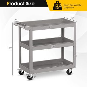 3-Tier Metal Utility Cart with Flat Handle and 2 Lockable Universal Wheels <b>Tool</b> <b>Trolley</b> - Product Image 5