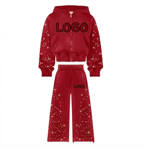 Custom Kids Rhinestone Tracksuit 100 Percent Cotton <b>Zip</b> Up Hoodie Wide Leg Sweatpants Set Winter Streetwear OEM - Product Image 6