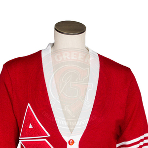 Cardigan sororité Delta Sigma DST rouge en tricot à col en V, rayures blanches, manches longues, pull en acrylique avec broderie de lettres grecques - Product Image 4