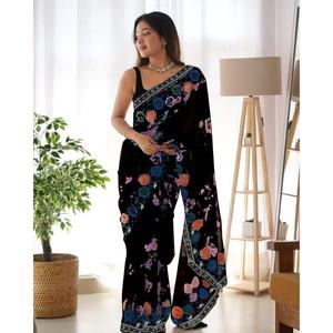 DISEÑADOR GEORGETTE IMPRESIÓN DIGITAL CON BORDADO TRABAJO SAREE CON BLUSA SIN COSTAR NEGRO - Product Image 1