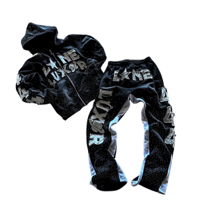 Écusson de broderie personnalisé pour hommes en détresse deux pièces ensemble de survêtement lourd délavé au soleil à l'acide ensemble sweat à capuche en strass grande taille - Product Image 1