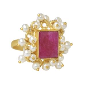 Vintage <b>Gold</b> Plated <b>Cocktail</b> <b>Ring</b> With Natural Ruby And Pearl Bezel Setting Women's Wedding Jewelry - Product Image 1