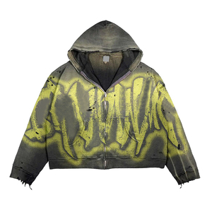 Hoodie Manufacturer Custom 500g Heavy Cotton Vintage <b>Sun</b> Faded Ripped Winter Distressed Acid Washed Zip up Hoodie for Men - Product Image 3