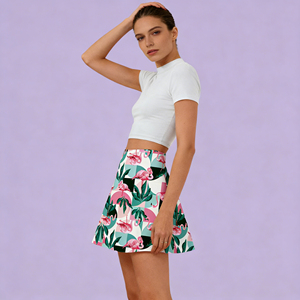 Ventes flash sur Temu |   Jupe courte tendance à imprimé flamants roses et feuilles, taille haute, décontractée, évasée, pour femme, idéale pour le quotidien, les vacances et les fêtes - Product Image 4