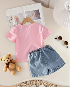 Pink Girls 2Pcs Set Short Sleeve T Shirt With Bows Denim Shorts Sweet Casual Summer Outfit - Product Image 2