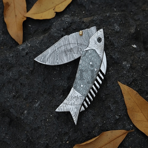 High Quality Damascus Folding Knife Fish Design Pocket Knife Custom Handle Handmade EDC Utility Knife <b>Drop</b> Point 3-Year Warranty - Product Image 4