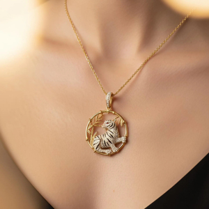 Luxury Gold Tiger Bamboo Pendant <b>Necklace</b> 3D Enamel Stripe Animal Medallion 18K Gold Plated Fine <b>Statement</b> Jewelry - Product Image 1